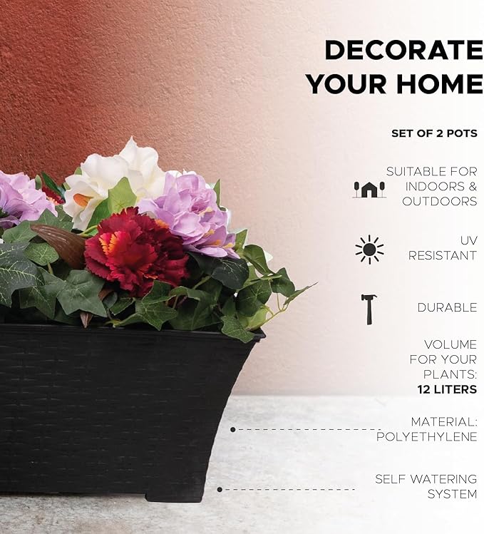 Elly Décor Set of 2 24x8 Rectangular Modern, Resistant and Self Watering Planter with Rattan-Like Finish, 24", Gray