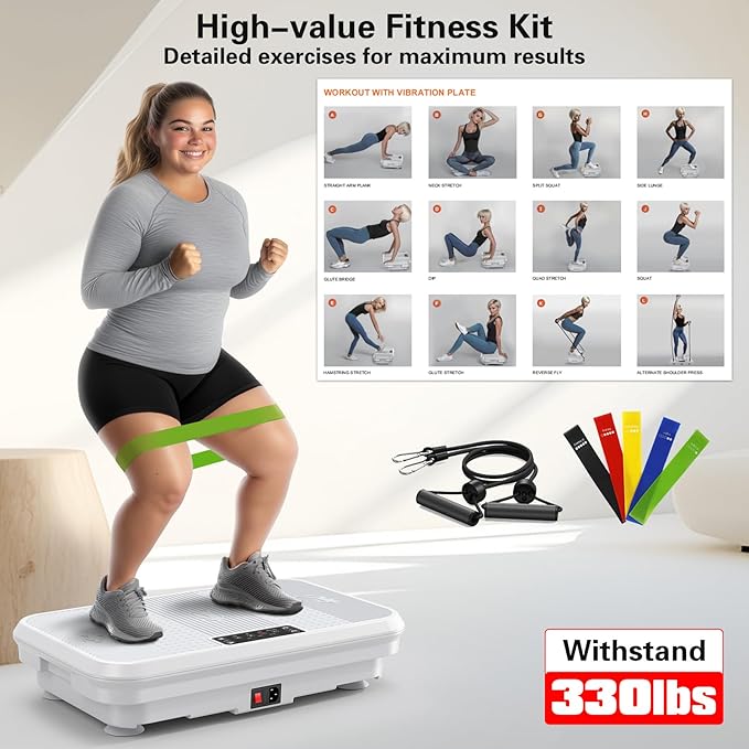 3D Vibration Plate Exercise Machine for Lymphatic Drainage, Whole Body Vibration Plate for Weight Loss, 330lbs Capacity Vibrating Platform Board Home Gym Quiet, 5 Yoga Belts & 2 Resistance Bands