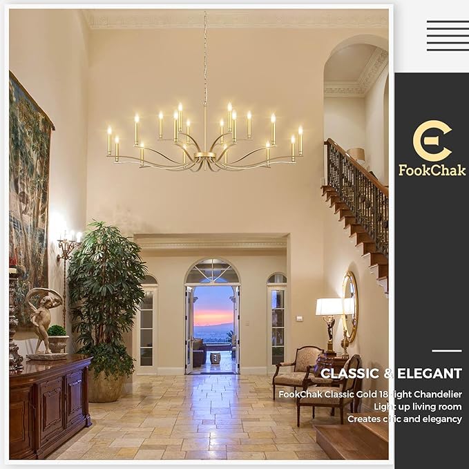 18 Light Gold Living Room Chandelier High Ceiling Foyer Candle Chandelier Large Modern Brass 59in Metal Chandeliers Hanging Light for Master Bedroom Dining Room Light Fixture Over Table