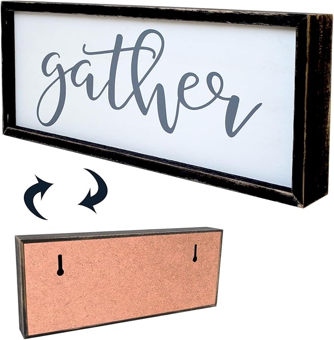 Gather Sign for Home Decor in Grey - Farmhouse Kitchen Dining Room Wall Decor - Rustic Wall Decoration Solid Wood Thick Black Frame 12x5 Inches