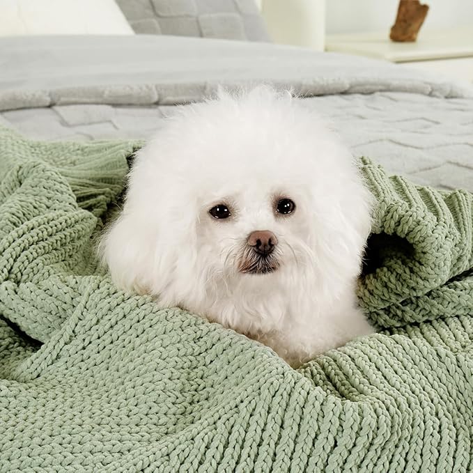 Amélie Home Chenille Knit Throw Blanket for Couch, Chevron Texture Decorative Soft Blanket for Sofa, Bed & Chair, 50"x60", Sage Green
