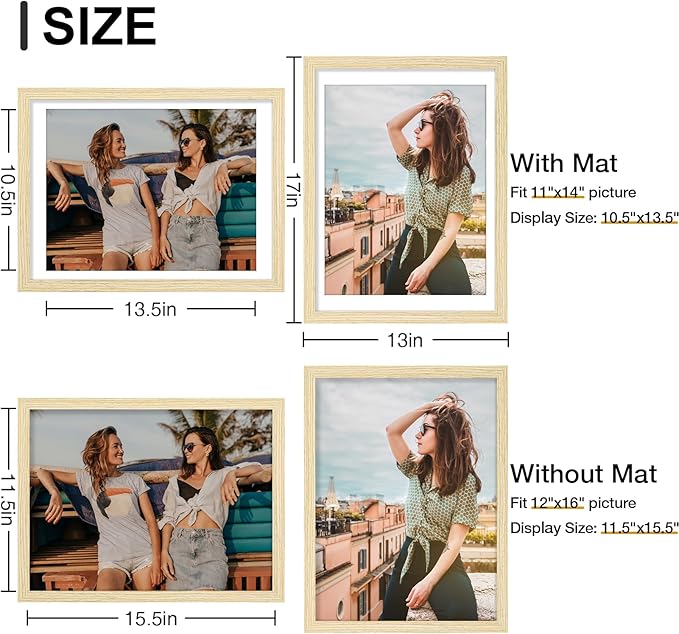 Vittanly 12x16 Picture Frames Set of 9, Shatter Resistant Plexiglass, Display 11x14 Pictures with Mat or 12x16 without Mat, Photo Frames for Wall Mount, Engineered Wood, OAK