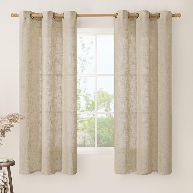LAMIT Sheer Linen Curtains 63 Inches Long for Bedroom, Faux Linen Textured Light Filtering Drapes Bronze Grommet Semi Sheer Neutral Panels for Farmhouse, 2 Panels, 34 x 63 Inch, Brown