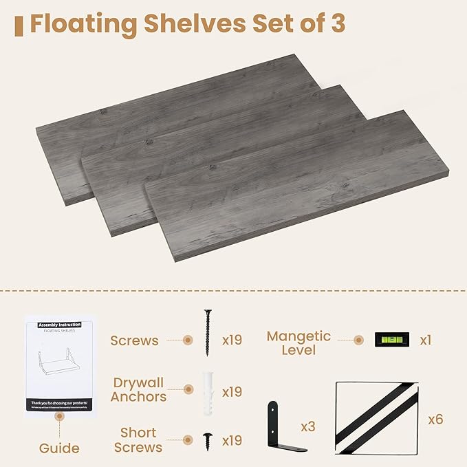 Heimlove Floating Shelves for Wall 24 Inches,8 Inches Deep Wall Bookshelf Mounted Display&Storage Wood Shelves for Kitchen Bathroom Laundry Living Room,Set of 3 (Silver Grey)