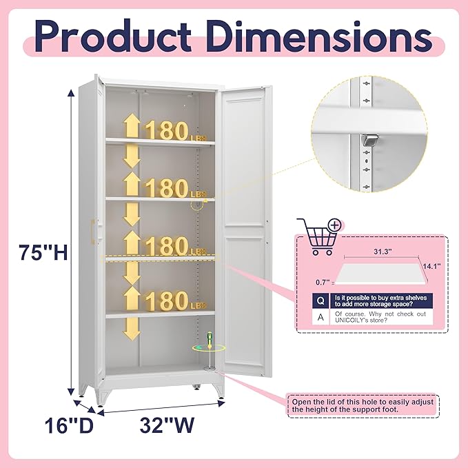 75" Storage Cabinet, Metal Pantry Cabinet, Kitchen Pantry Storage Cabinets with Doors and 4 Shelves, Cabinets for Laundry Room, Living Room, Dinning Room, Assembly Required, White