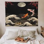 Houselerax Koi Fish Tapestry, Japanese Style Yin Yang Big Wave Cherry Blossom Tapestries Wall Hanging for Bedroom Living Room Office Decor 80"x60"