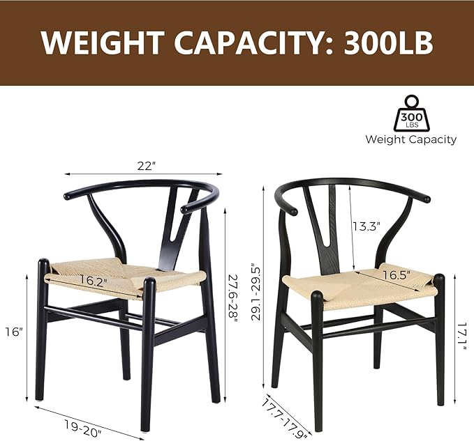Wishbone Chair Natural Solid Wood Dining Chair/Hans Vegner Y Chair Rattan and Wood Accent Armrest Chairs (Ash Wood - Black + Natural Cord)