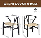 Wishbone Chair Natural Solid Wood Dining Chair/Hans Wegner Y Chair Rattan and Wood Accent Armrest Chairs Set of 2 (Ash Wood - Black + Natural Cord)