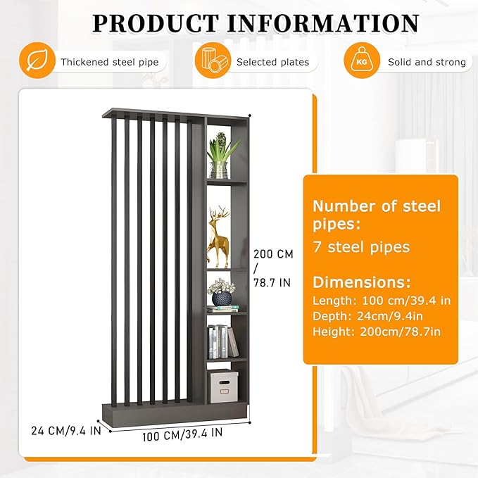 Wall Room Divider,Freestanding Room Divider with Shelves,Wood Room Divider Screen with Storage Cabinet, Wall Divider for Room Separation, for Home Office Decorative G 39.4×9.4×78.7in