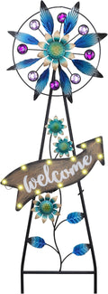 TERESA'S COLLECTIONS Peacock Garden Decor Solar Stake, Wind Spinner for Outdoor Decorations, Metal Windmill Blue Floral Yard Art Sign Decorative Garden Stake for Lawn Ornaments, Gifts for Mom, 26''