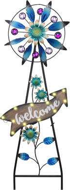 TERESA'S COLLECTIONS Peacock Garden Decor Solar Stake, Wind Spinner for Outdoor Decorations, Metal Windmill Blue Floral Yard Art Sign Decorative Garden Stake for Lawn Ornaments, Gifts for Mom, 26''