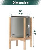 D'vine Dev Ceramic Planter with Natural Stand - 10 Inch Modern Round Flower Pot with Wood Planter Holder, Grey, 55-B-K-3