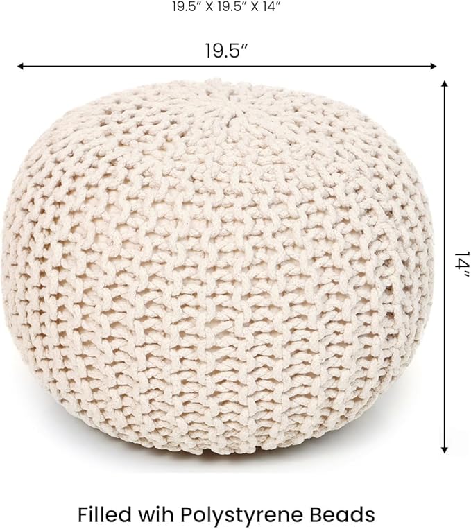 REDEARTH Round Pouf Ottoman - Cable Knitted Boho Poof - Home Décor Cord Pouffe Handmade Circular Footrest for Living Room - Bedroom - Kids Bedroom - 100% Cotton Pouf (19.5"x19.5"x14") - Natural
