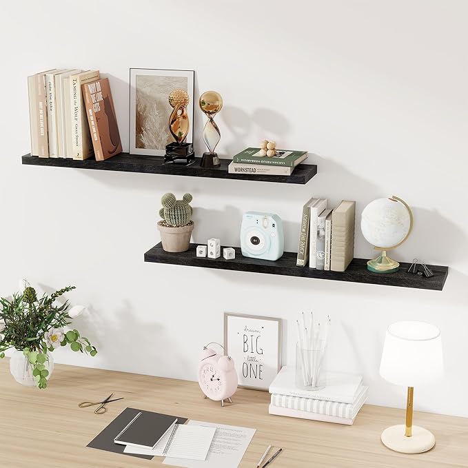 Floating Shelves for Wall, 48 Inch Floating Shelves for Home Decor, Wall Mounted Rustic Wood Shelves, Bathroom, Hanging Deep Shelf for Bedroom, Living Room, Kitchen (Black, Set of 2)