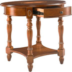 Solid Wood End Table with Drawer and Storage Shelf, Oval Sofa Side Table with Carved Legs, Living Room Corner Table, Large Beside Table, Elegant Vintage, No-Tools Assembly, Caramel Brown CJZ1533MG