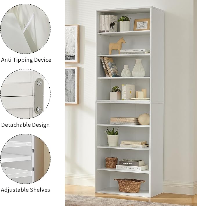 71 Inch Tall 8-Shelf Bookcase, Wood Bookshelf Storage Organizer Adjustable Shelf for Home Office Living Room, Converts into Two 4-Shelf Bookshelves, White