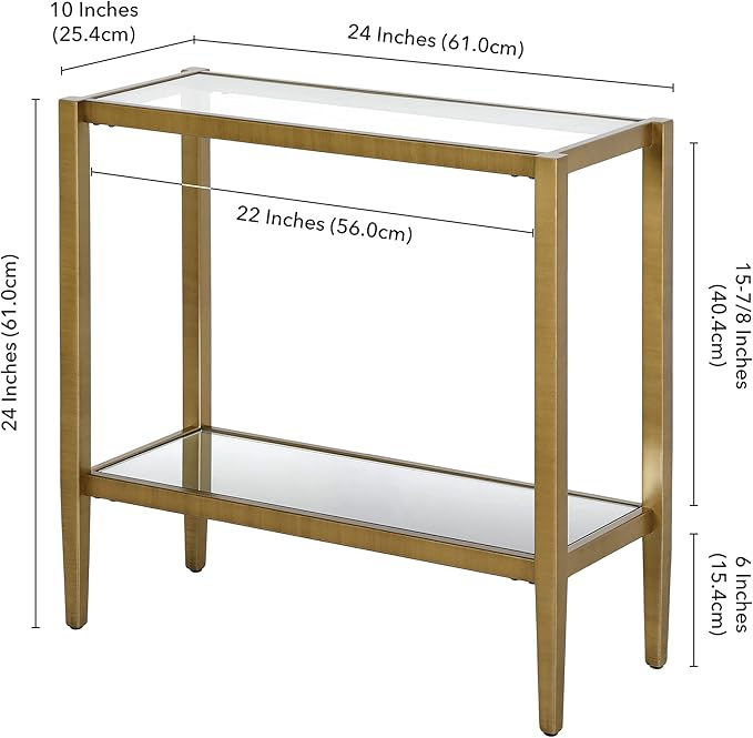 Henn&Hart 24" Wide Rectangular Side Table with Glass Shelf in Antique Brass, Table for Living Room, Bedroom