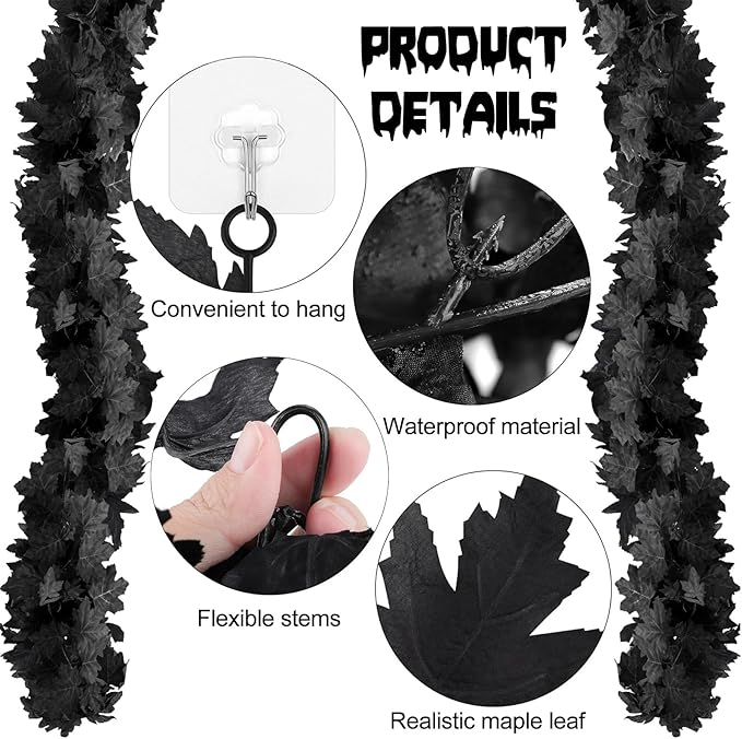Joyhalo 8 Pack 5.7FT Black Maple Leaf Garland,Halloween Artificial Hanging Black Vines,Halloween Outdoor Garland for Mantle,Door Frame,Fireplace and Thanksgiving Decor