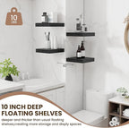 Fun Memories Floating Shelves for Wall 10 Inch, 10 Inch Deep Square Wall Shelves, Bathroom Storage Shelves Over Toilet, Wood Floating Shelves for Living Room Bedroom, Black, Set of 2
