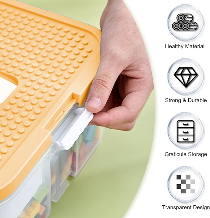 Toys Organizer Storage Case for Lego Box Kids Toy Stackable Building Blocks with Lids Bins Adjustable Lego Storage Containers Plastic Toy Box 1 Layer (Lemon)