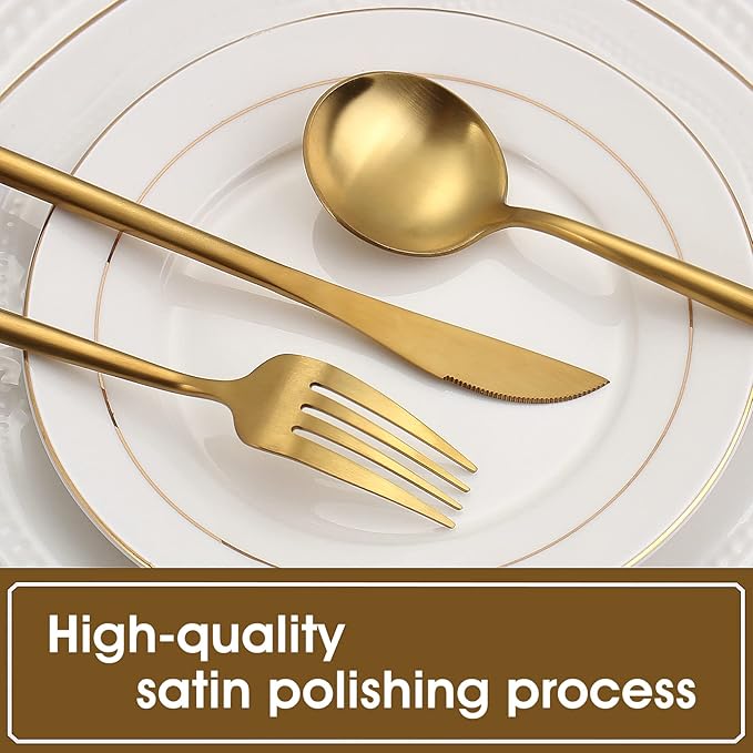 Matte Gold Silverware Set, 40-Piece Stainless Steel Flatware Set, Tableware Cutlery Set Service for 8, Satin Finish Utensils Set, Knife Fork Spoon Set for Home and Restaurant, Dishwasher Safe