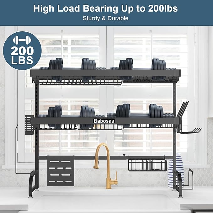 Over The Sink Dish Drying Rack,3 Tier Adjustable Length (25.5'' to 37.4'') Full Stainless Steel Large Storage Kitchen Dish Rack,for Kitchen Counter Expandable Multifunctional Organizers,Black