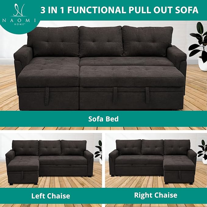 Naomi Home Transform Any Space: Sleeper Sectional Sofa with Convertible Sofa Bed & Inviting Chaise. Find Tranquil Comfort with Stress-Relieving Design & Durable Cushions - Espresso/Velvet