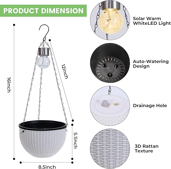 Hanging Pots for Plants Outdoor - 2 Pack White Artificial Rattan Solar Flower Baskets with Drainage Holes & Removable Tray, Garden Gifts for Women/Mothers, Porch, Balcony Decor