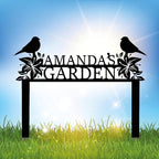 Personalized Metal Garden Name Sign with Flowers and Birds, Custom Yard Sign with Stake