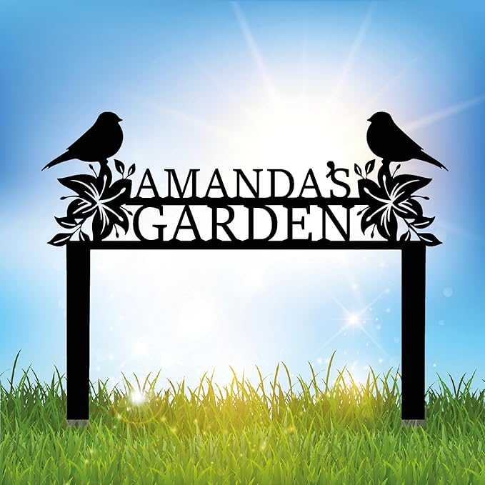 Personalized Metal Garden Name Sign with Flowers and Birds, Custom Yard Sign with Stake