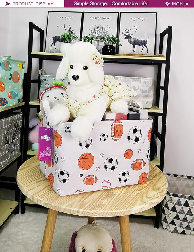 Rectangular Storage Basket Fabric Organizer Bin for Toys,Books,Clothes,Gifts,Pets-Perfect for Home,Office,Nursery,Dorm,Shelf(Rec ball game)