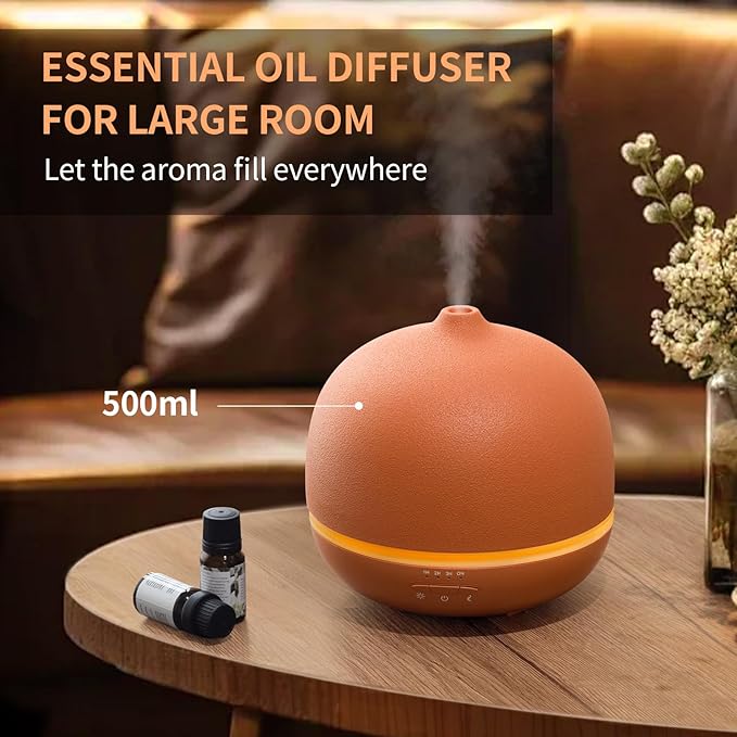 Wanlola Stone Diffusers for Essential Oils Large Room,500ml Handmade Ceramic Diffuser with 4 Timer & 10 Ambient Light Settings for Home Office (Terracotta)