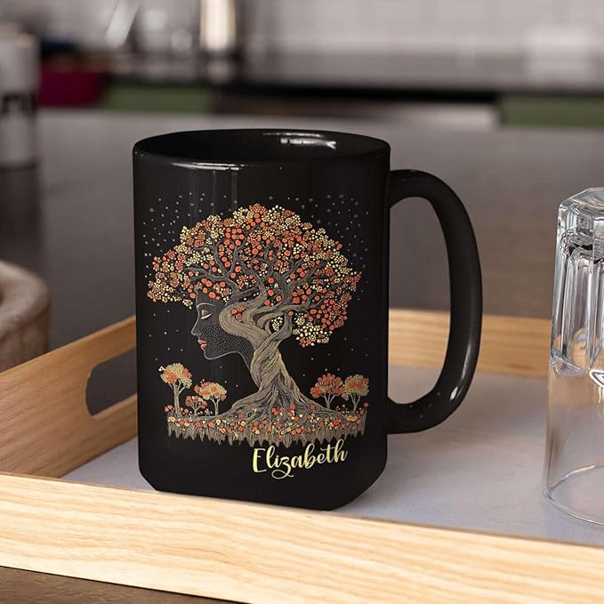 Custom Name Coffee Mug 11oz 15oz, Unique Nature Inspired Coffee Cup for Women, Personalized Vibrant Nature Themed Black Cup, Artistic Tree Ceramic Mug, Gifts for Women's Day