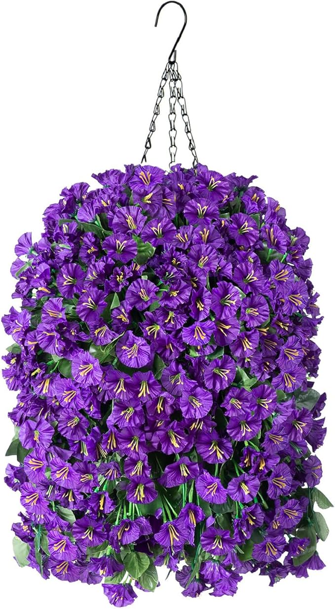 Artificial Faux Hanging Flowers Plants Basket for Outdoor Outside Porch Decoration, UV Resistant Fake Silk Purple Morning Glory Trailing Vines Realistic for Summer Home Balcony Yard Patio