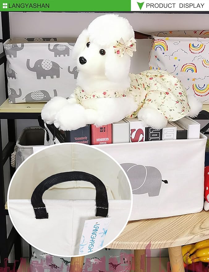 LANGYASHAN Rectangular Storage Bin Collapse Canvas Fabric Cartoon Storage Basket with Handles for Organizing Home Kitchen Boys and Girls Toys Office Closet Shelf Baskets (REC Elephant)