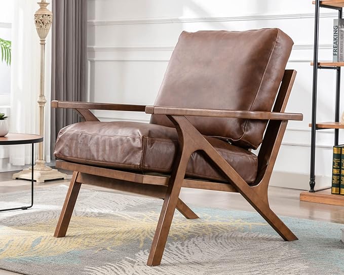 HNY Mid Century Arm Chair, Retro Accent Armchair with Wood Frames & Faux Leather Upholstered Removable Cushions, Leisure Reading Chair Slipper Chair for Living Room Bedroom, Brown