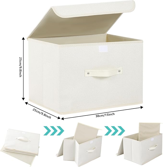 Fabric Storage Bins Cube Organizers with Flip-Top Lid and Handles,Storage Boxes for Organizing Home,Office,and Closet,Beige,3 Pack 15 x 9.8 x 9.8 in