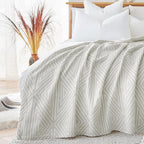 jinchan Boho 100% Cotton Blanket Muslin Twin Size 60x80 Inches Lightweight 3-Layer Geometric Triangle Striped Reversible Quilt Throw Soft Breathable Comfy All Seasons for Couch Bed Decor, Light Grey