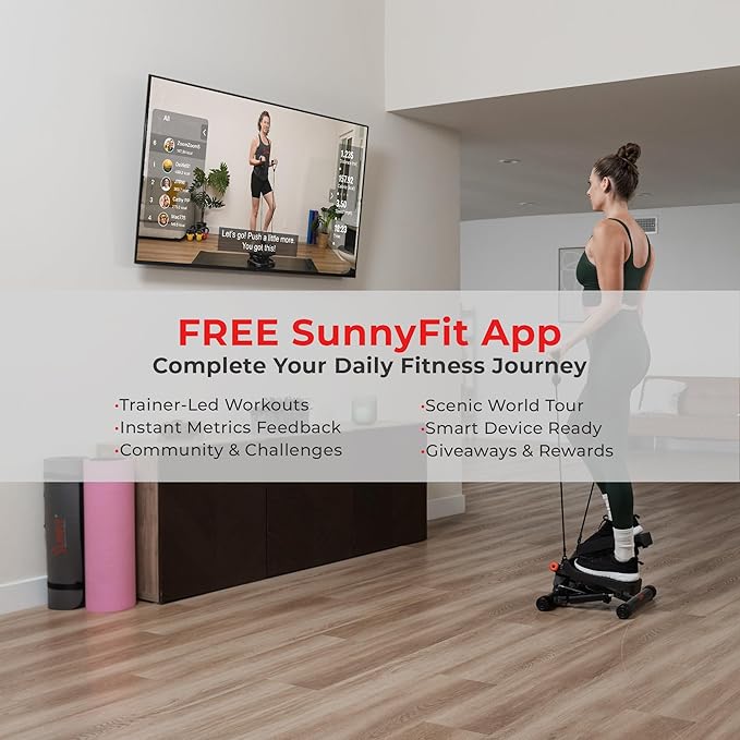 Sunny Health & Fitness Mini Stepper for Exercise at Home, Stair Step Workout Machine with Resistance Band and Over 300lb Weight Capacity, Optional Twist Motion and Free SunnyFit App Connection