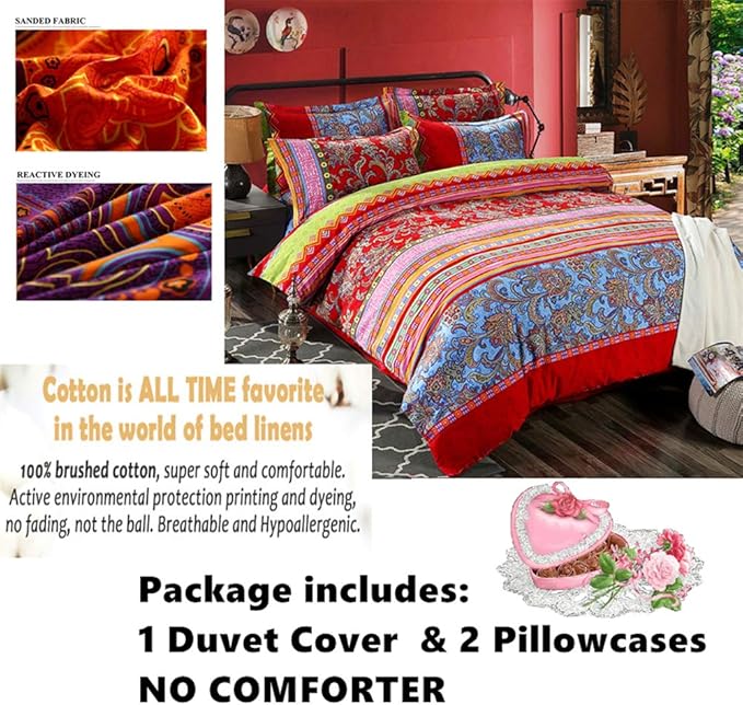 ABREEZE King Duvet Covers, Bohemian Retro Bedding Set, Coloful Mandala Down Comforter Cover, Boho Floral Style Quilt Cover, 100% Brushed Cotton, 1 Duvet Cover and 2 Pillow Shams,Red