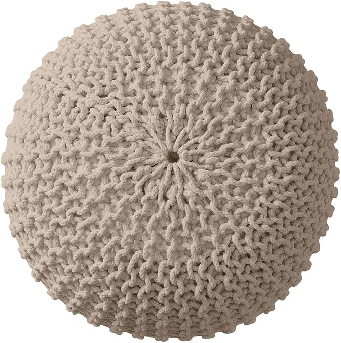 Ornavo Home Pouf Ottoman Foot Rest - 100% Cotton Pouffe - Hand Knitted Cable Braid Cord - Boho Round Stuffed Ottoman for Living Room, Bedroom - Beige