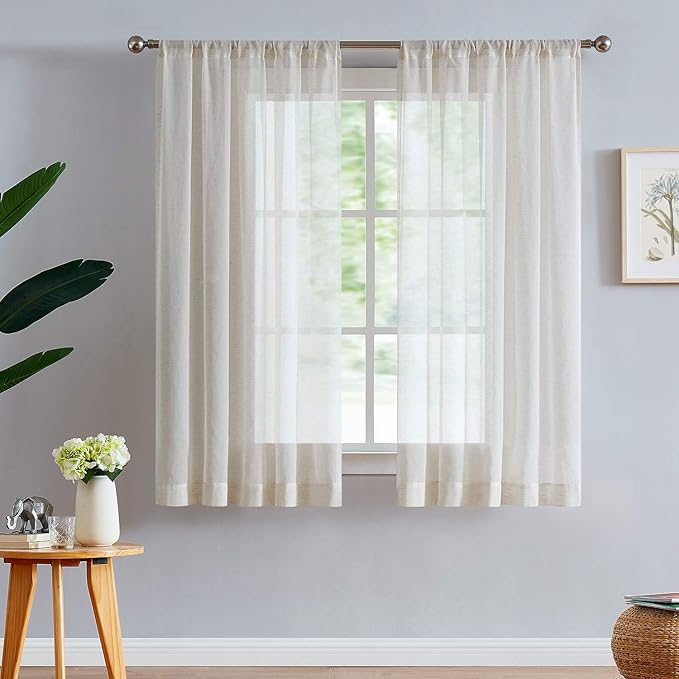 FMFUNCTEX Linen Sheer Curtains for Bedroom, Beige Curtains 54 inch Length for Living Room, Natural Flax Blend Window Draperies for Farmhouse Curtain, Rod Pocket 2 Panels
