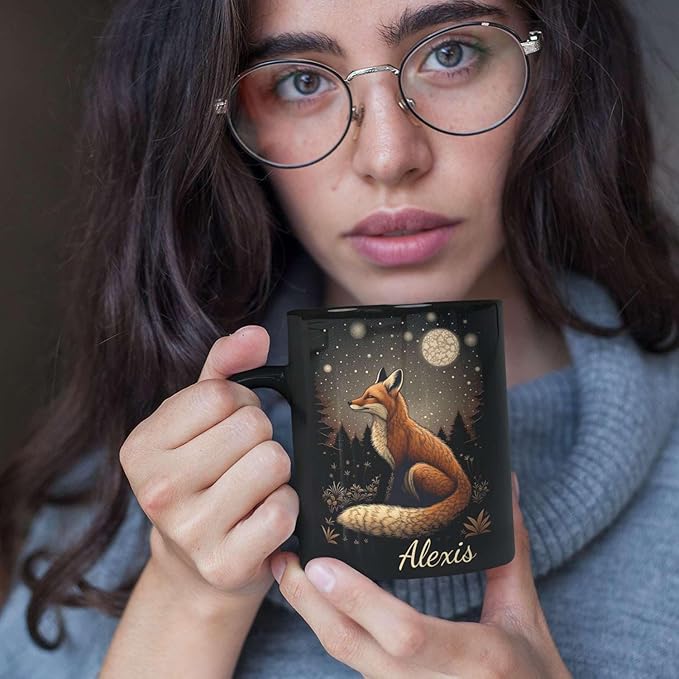 Animal Lover Mug with Custom Name, Nature Inspired Coffee Mug 11oz or 15oz, Personalized Cute Fox Ceramic Cup, Unique Animal Art Black Coffee Cup, Gifts for Friends, Family