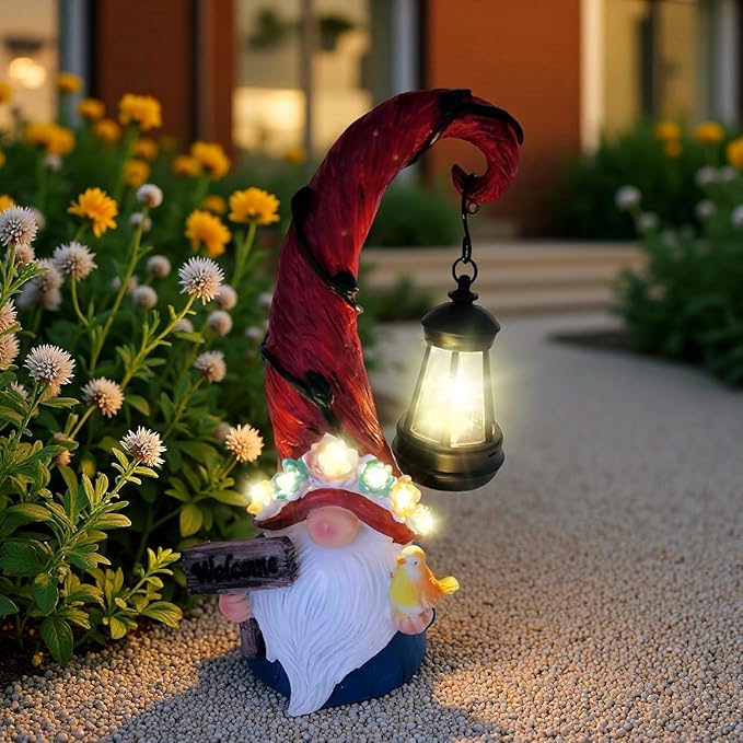 Solar Outdoor Figurine Lights Gnome Garden Decor Statue with LED Flowers & Lantern, Glowing Fairy Yard Decorations for Outside Patio Yard Front Porch, Housewarming Home Decor Gifts Thanksgiving