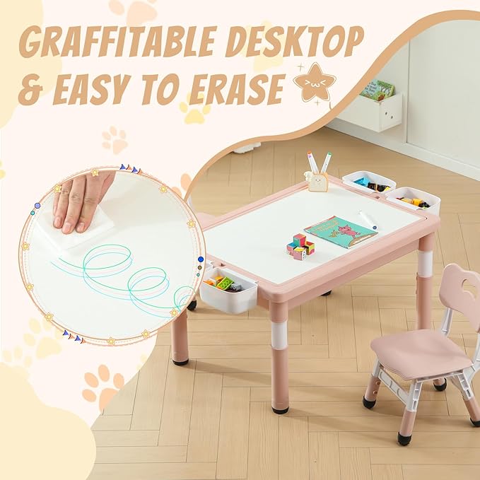 Multi Functional Kids Table and 2 Chairs Set, Graffiti & Building Blocks Double-Sided Tabletop, Toddler Play Table with Drawers, Large Storage Space, Gift for Boys/Girls, Pink