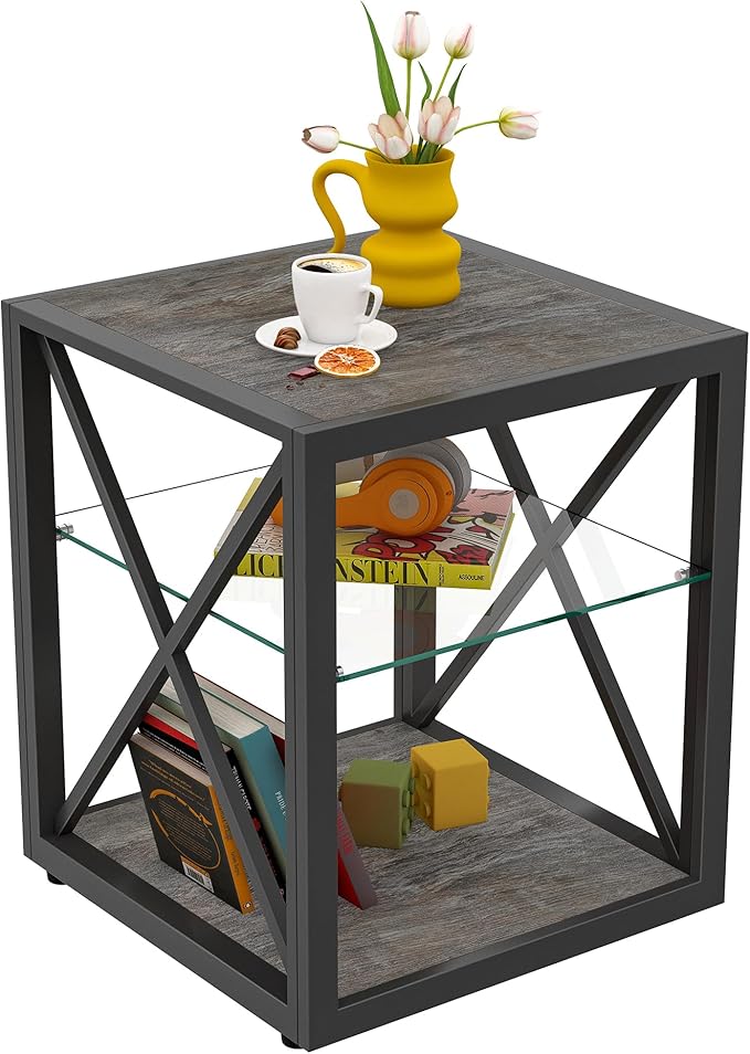 Farmhouse End Table, Modern Side Table with 3-Tier Storage Shelf, Square Rustic Nightstand, Accent Tea Table, for Bedroom Office Living Room, Grey, Natural Wood, Glass, Metal