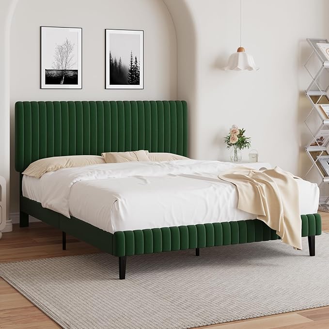Full Size Bed Frame, Velvet Upholstered Platform Bed with Vertical Channel Tufted Headboard and Footboard, No Box Spring Required, Easy Assembly, Green