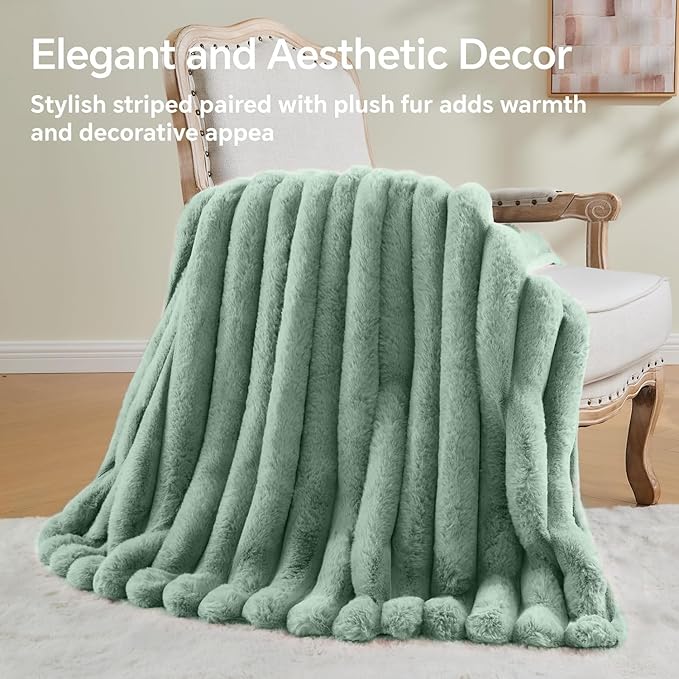 BEDELITE Faux Rabbit Fur Blanket, Luxurious 3D Striped Spring Blanket for Decor & Gift, Soft and Warm Plush Fluffy Faux Fur Throw Blanket All Seasons Suitable, (Sage Green, 50"x 60")