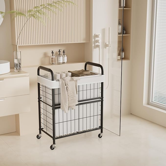 Laundry Hamper 2 Section, 110L Rolling Laundry Sorter Basket with Wheels, 2 Compartment Clothes Organizer Cart, Pull-Out Removable Bags for Laundry Room, Bathroom, Bedroom, White