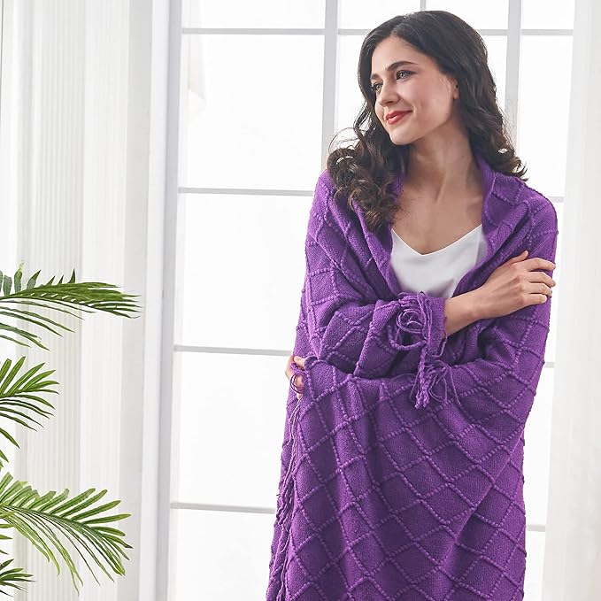 inhand Valentine's Day Gifts Throw Blanket Purple for Couch, Soft Living Room Home Decor Knitted Blanket, Outdoor Lightweight Breathable Summer Blanket, Farmhouse Warm Woven Decorative,50"x60"